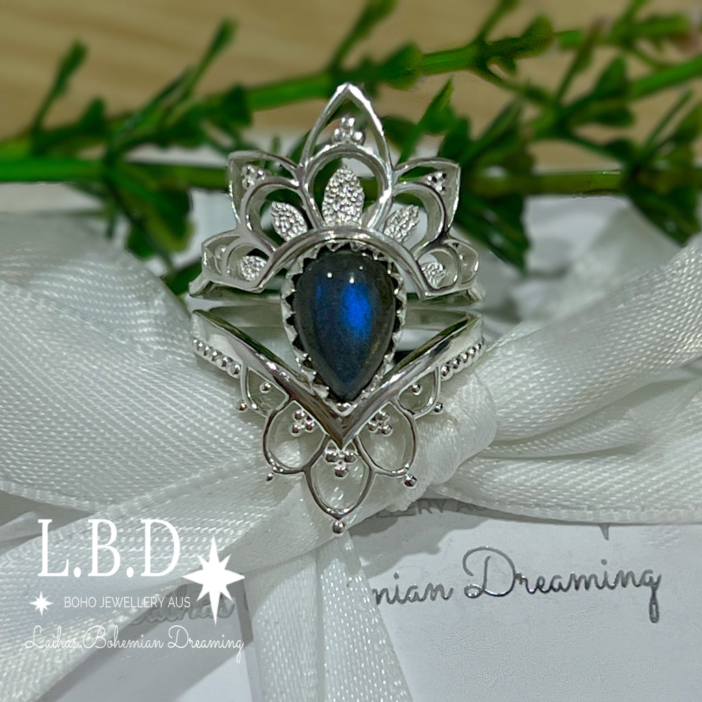 Laihas Daisly Boho Labradorite Ring Set Gemstone Sterling Silver Ring Laihas Bohemian Dreaming -L.B.D