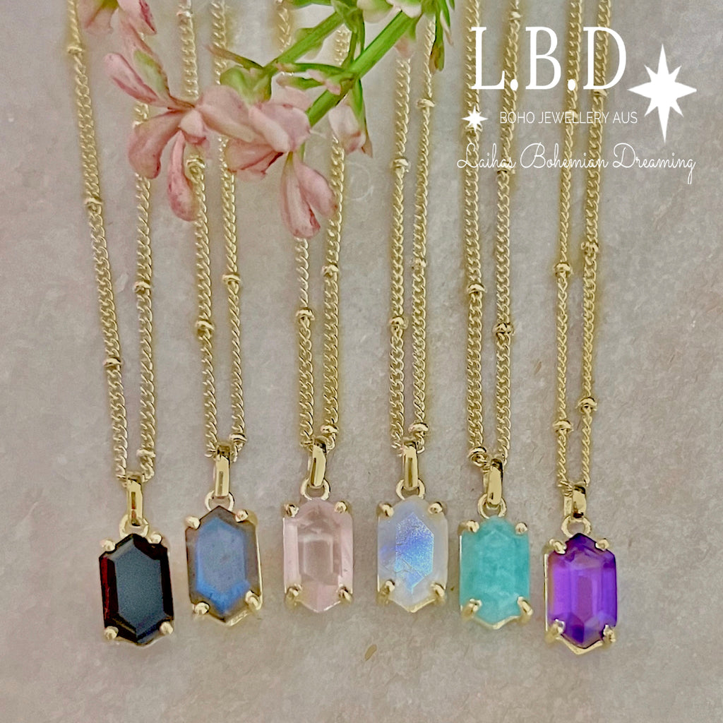 Laihas Mini Hex Crystal Gold Moonstone Necklace Gold Gemstone Necklace Laihas Bohemian Dreaming -L.B.D