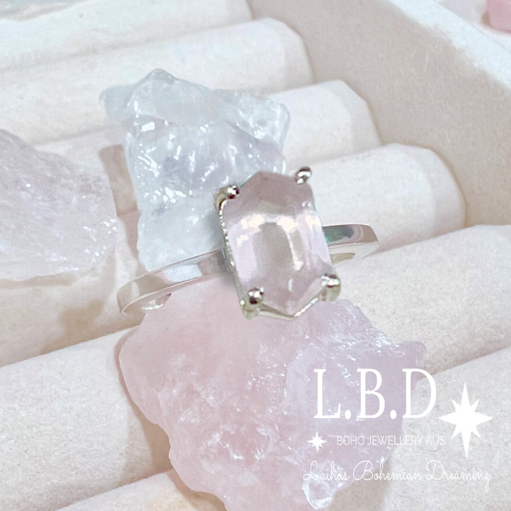 Laihas Mini Hex Crystal Rose Quartz Ring Gemstone Sterling Silver Ring Laihas Bohemian Dreaming -L.B.D