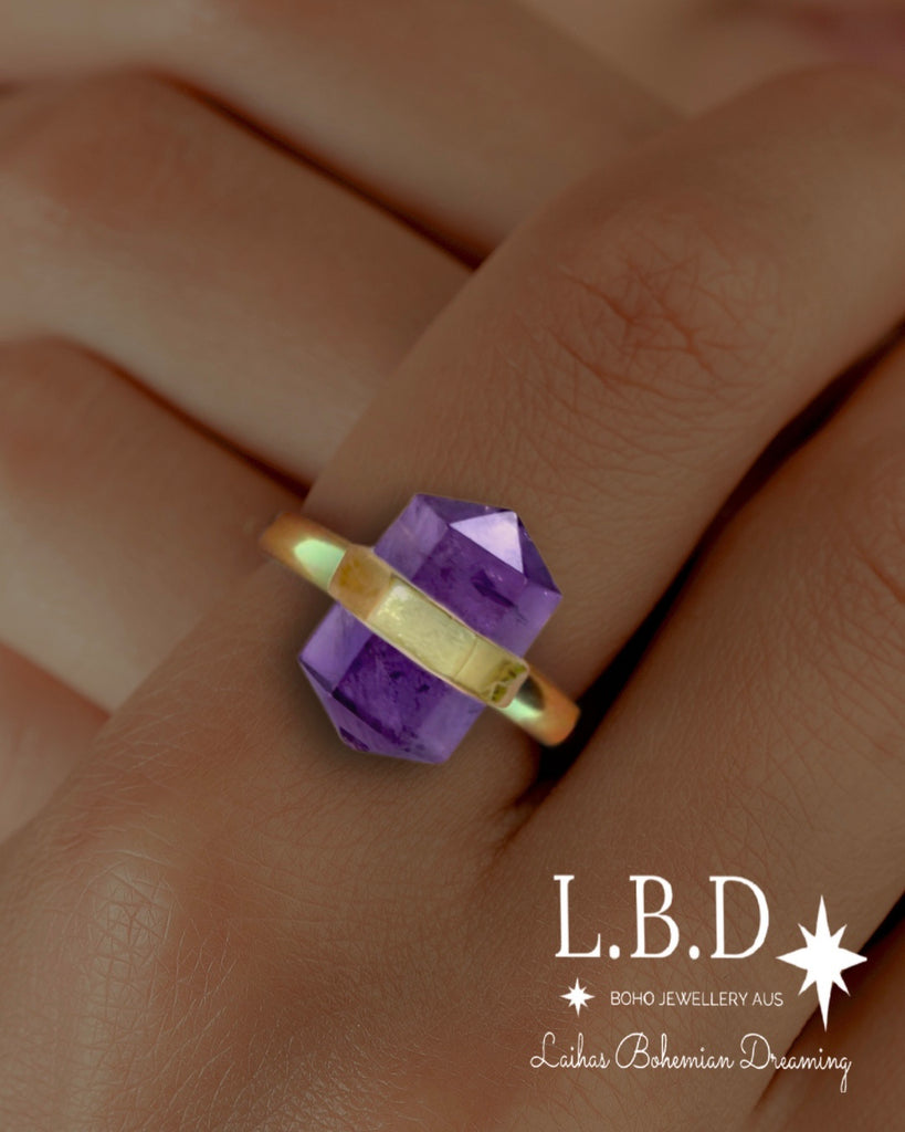 Laihas Gold Crystal Kindness Amethyst Ring Gemstone Gold Ring Laihas Bohemian Dreaming -L.B.D