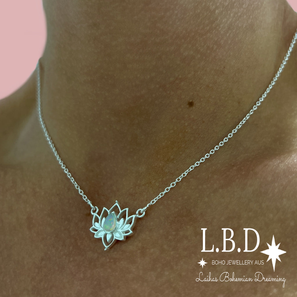 Laihas Opulent Lotus Flower Choker Style Opal Necklace Gemstone Sterling Silver necklace Laihas Bohemian Dreaming -L.B.D