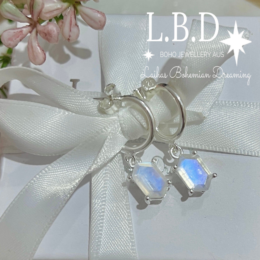 Laihas Miraculous Hexagon Moonstone Hoop Earrings Gemstone Sterling Silver Earrings Laihas Bohemian Dreaming -L.B.D