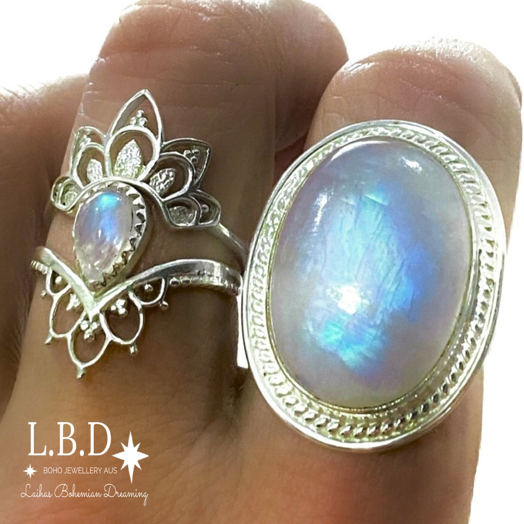 Gleaming Boho Statement Moonstone Ring - LBD Gemstone Sterling Silver Ring Laihas Bohemian Dreaming -L.B.D