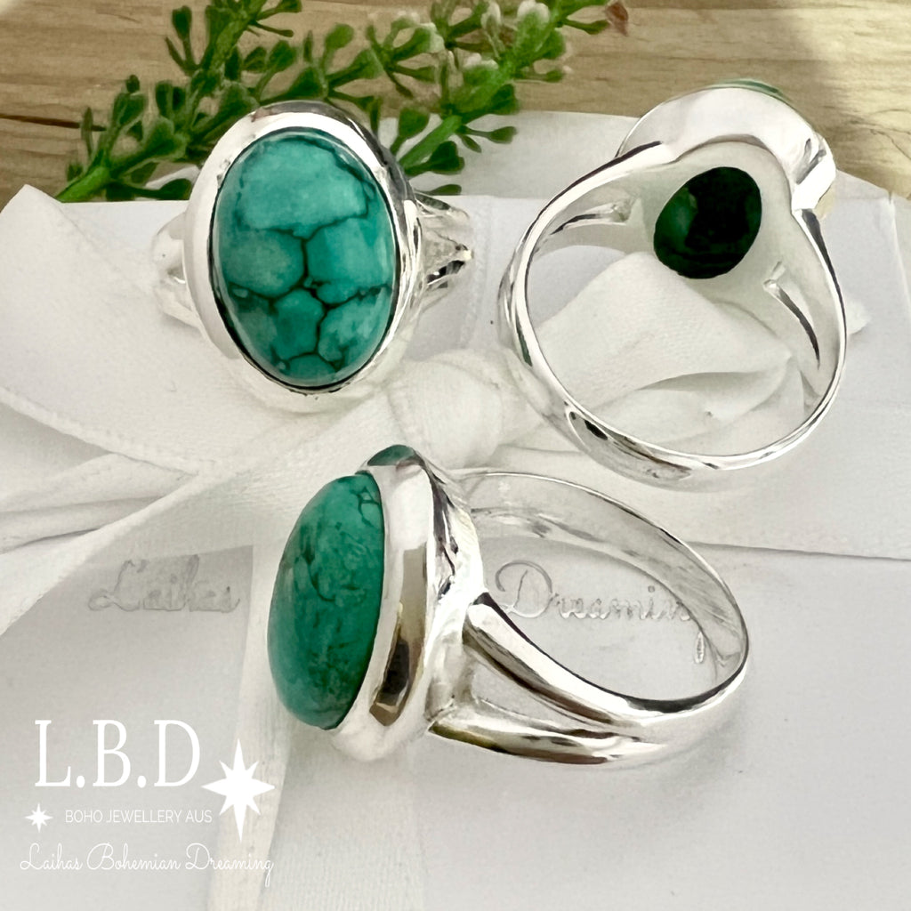 Laihas Classic Chic Oval Turquoise Ring Gemstone Sterling Silver Ring Laihas Bohemian Dreaming -L.B.D