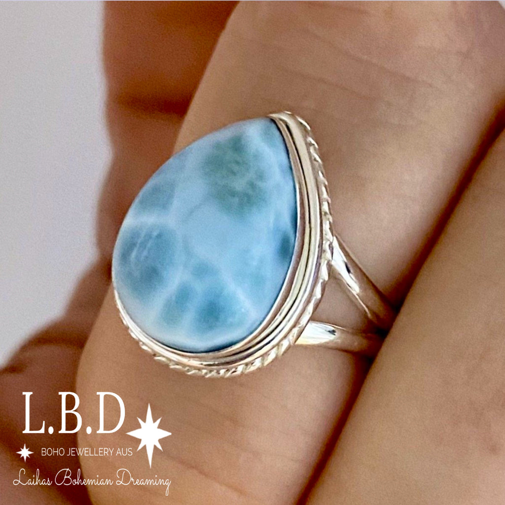 Larimar Ring- Laihas Twisted Raindrop Gemstone Sterling Silver Ring Laihas Bohemian Dreaming -L.B.D