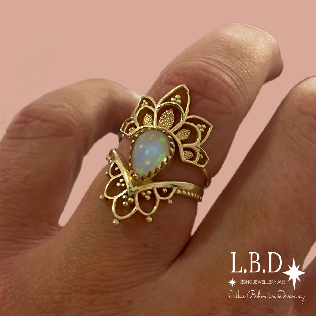 Gold Opal Ring Set- Gold Vermeil Daisly Boho Opal Ring Gemstone Gold Ring Laihas Bohemian Dreaming -L.B.D