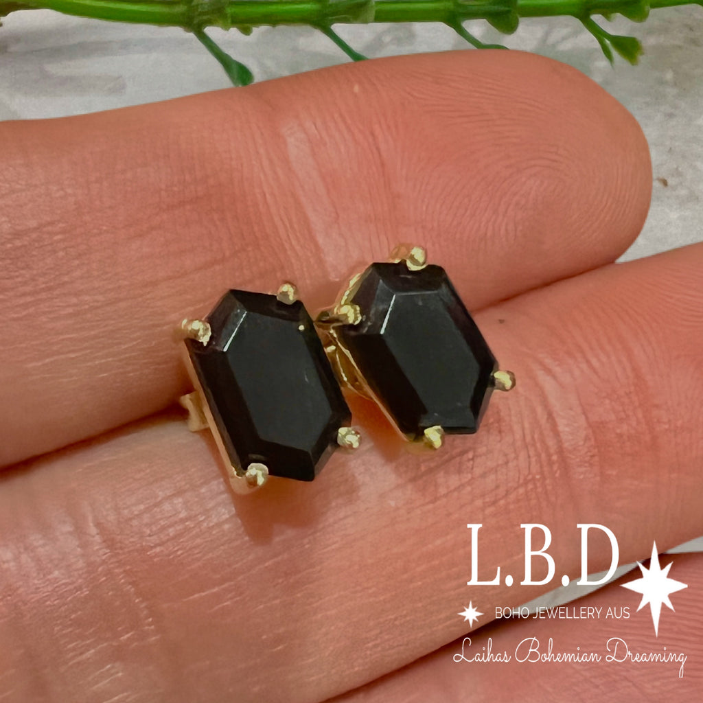 Laihas Hex Crystal Gold Onyx Stud Earrings Gold Gemstone earrings Laihas Bohemian Dreaming -L.B.D
