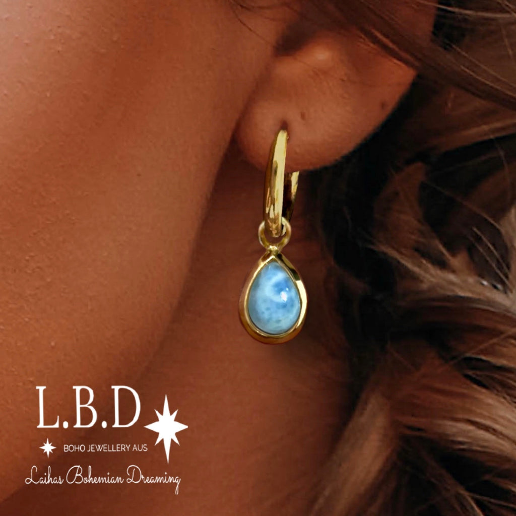 Laihas Classic Chic Raindrop Gold Larimar Hoop Earrings Gold Gemstone earrings Laihas Bohemian Dreaming -L.B.D