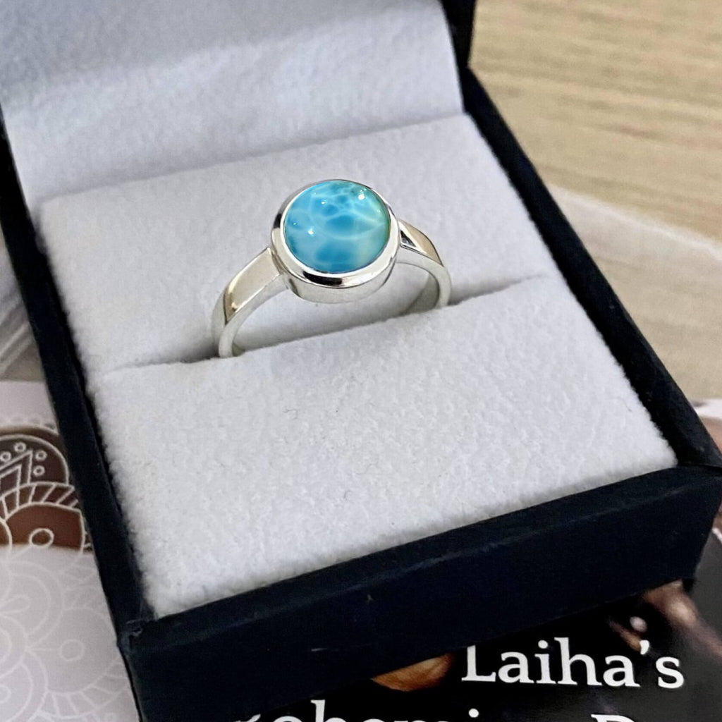 Larimar Ring- Elegant Small Round Larimar Gemstone Sterling Silver Ring Laihas Bohemian Dreaming -L.B.D