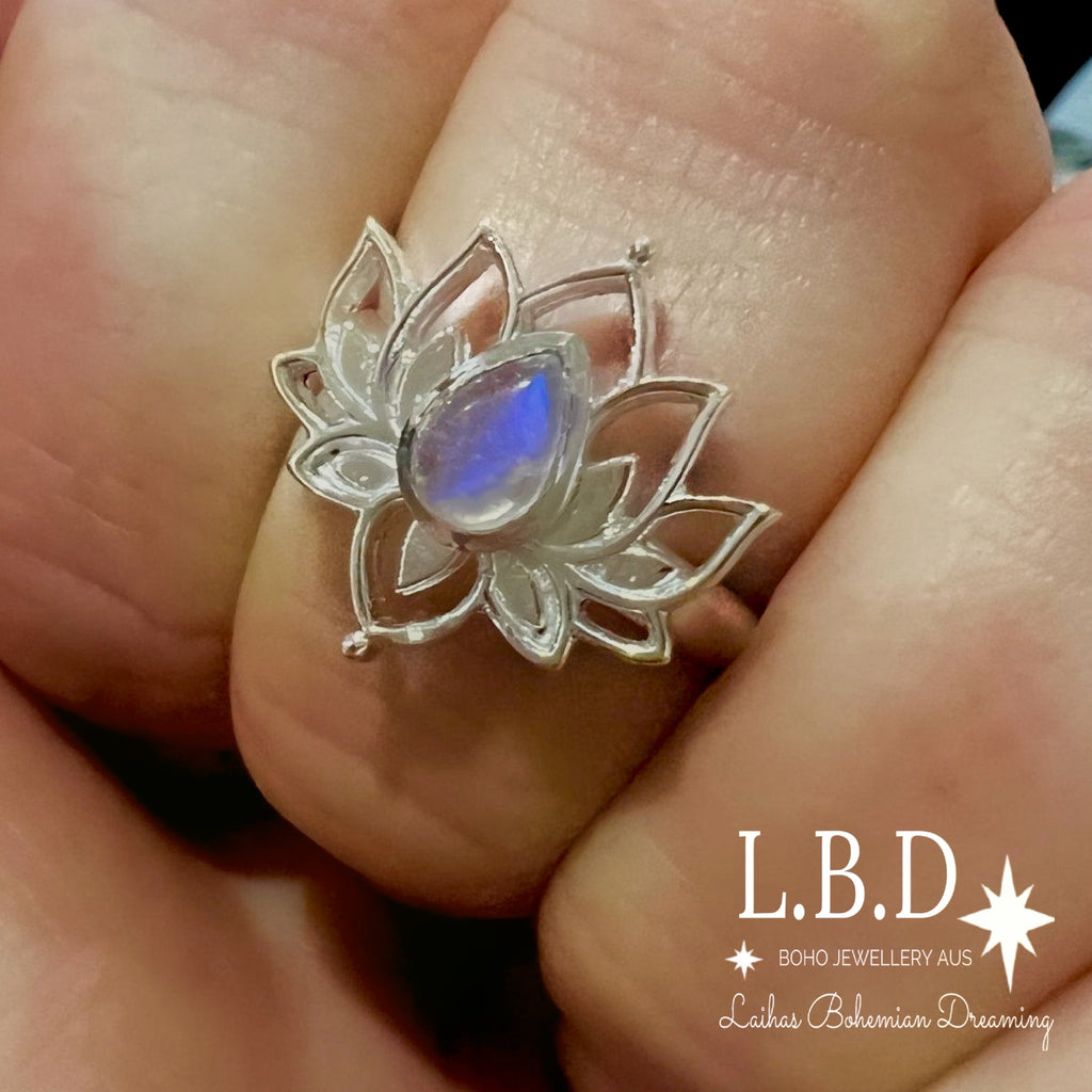 Laihas Opulent Lotus Flower Moonstone Ring Gemstone Sterling Silver Ring Laihas Bohemian Dreaming -L.B.D