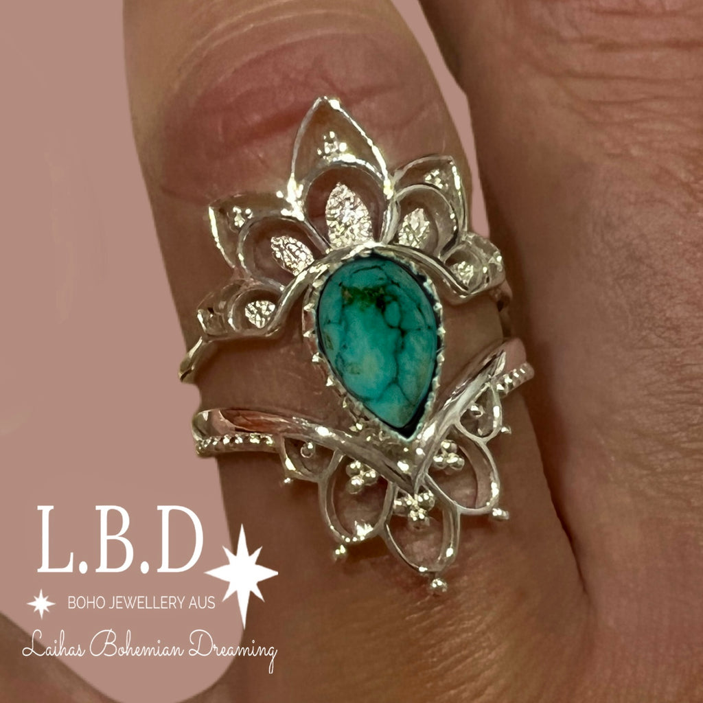 Turquoise Ring Set- Daisly Boho Gemstone Sterling Silver Ring Laihas Bohemian Dreaming -L.B.D