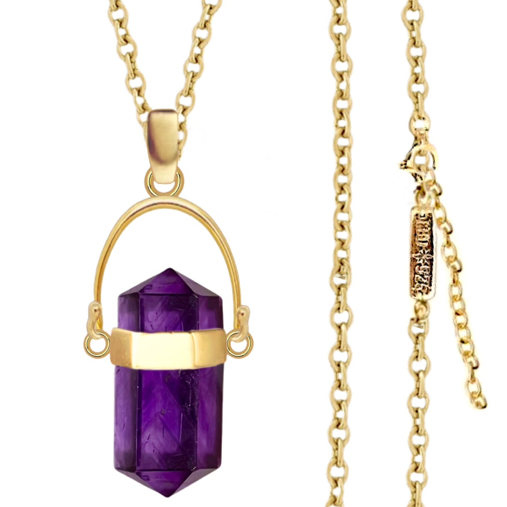 Laihas Large Crystal Kindness Gold Amethyst Necklace- Long Crystal Necklace Gold Gemstone Necklace Laihas Bohemian Dreaming -L.B.D