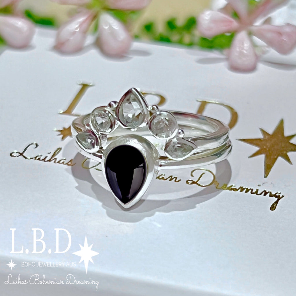 Laihas Queen Of Cups Topaz and Onyx Ring Set Gemstone Sterling Silver Ring Laihas Bohemian Dreaming -L.B.D