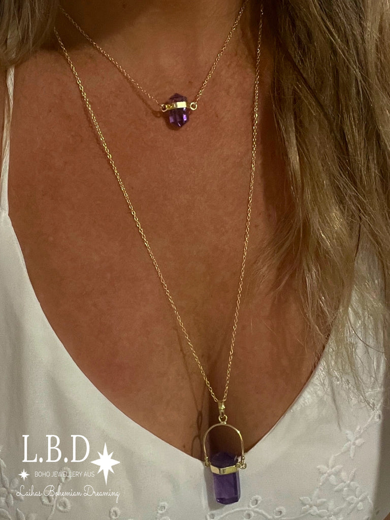 Laihas Large Crystal Kindness Gold Amethyst Necklace- Long Crystal Necklace Gold Gemstone Necklace Laihas Bohemian Dreaming -L.B.D