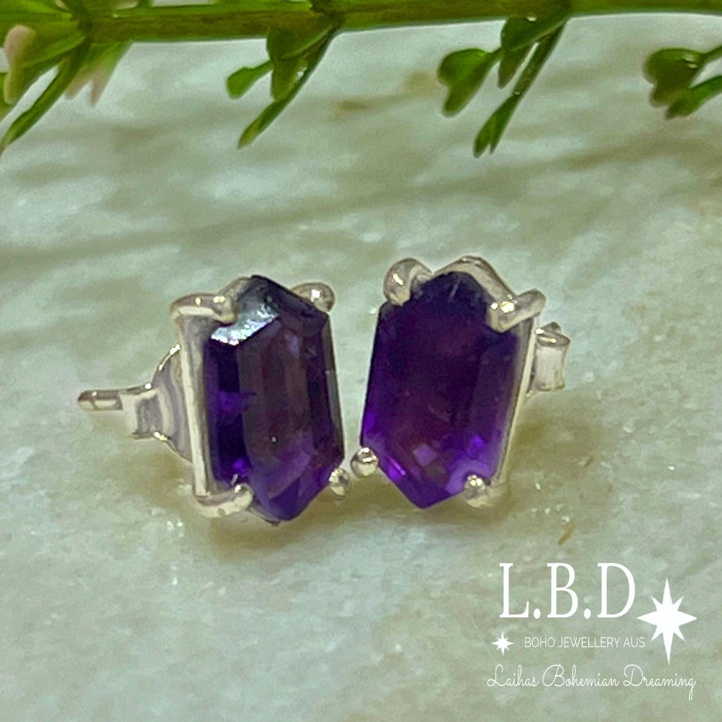 Laihas Hex Crystal Amethyst Stud Earrings Gemstone Sterling Silver Earrings Laihas Bohemian Dreaming -L.B.D