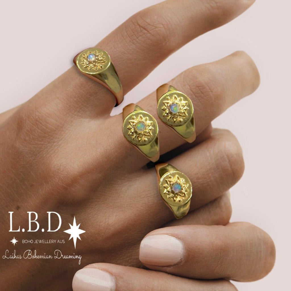 Intricate Vera May Gold Signet Ring- Genuine Opal Ring -LBD Australia