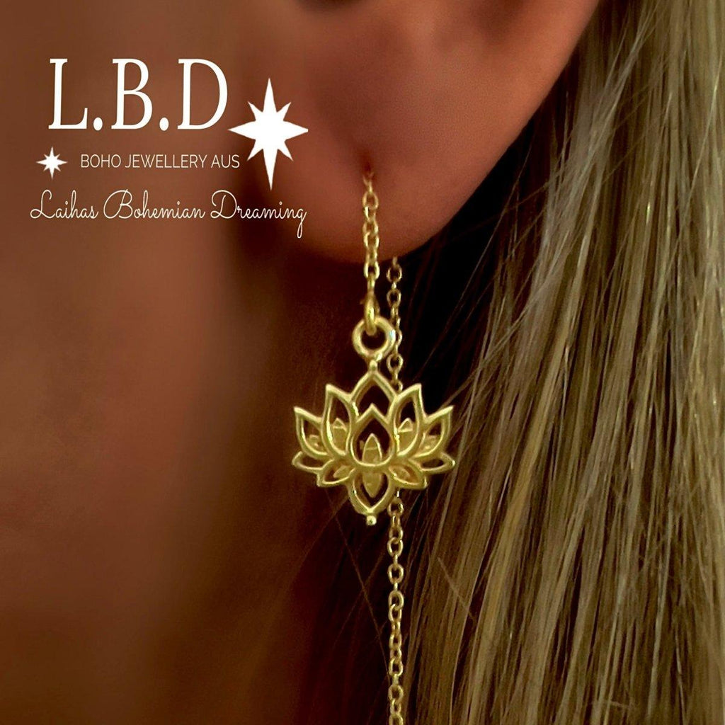 Laihas Boho Chic Lotus Flower Threader Earrings- Gold -LBD Australia