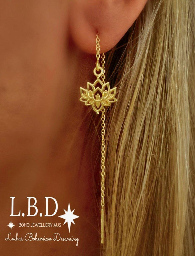 Laihas Boho Chic Lotus Flower Threader Earrings- Gold -LBD Australia