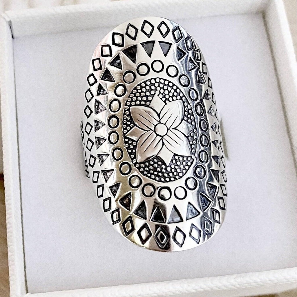 Laihas Boho Floral Shield Sterling Silver Ring -LBD Australia