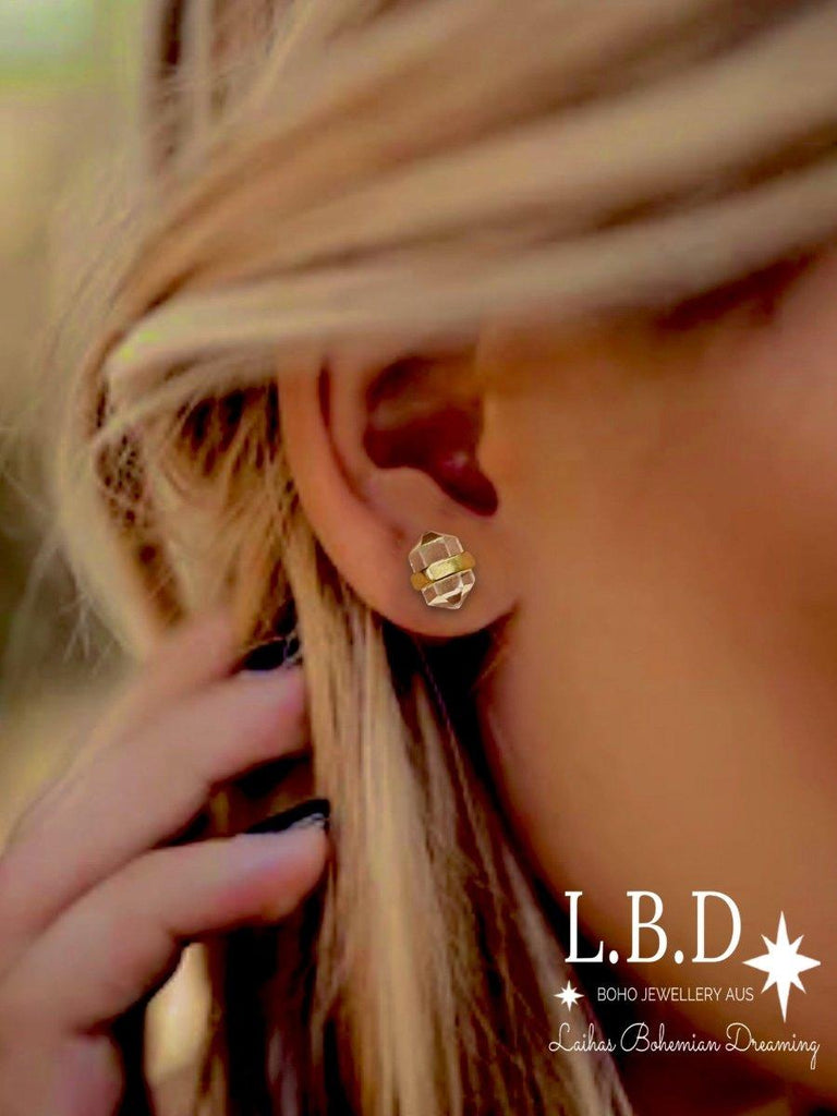 Laihas Crystal Kindness Gold Clear Quartz Stud Earrings
