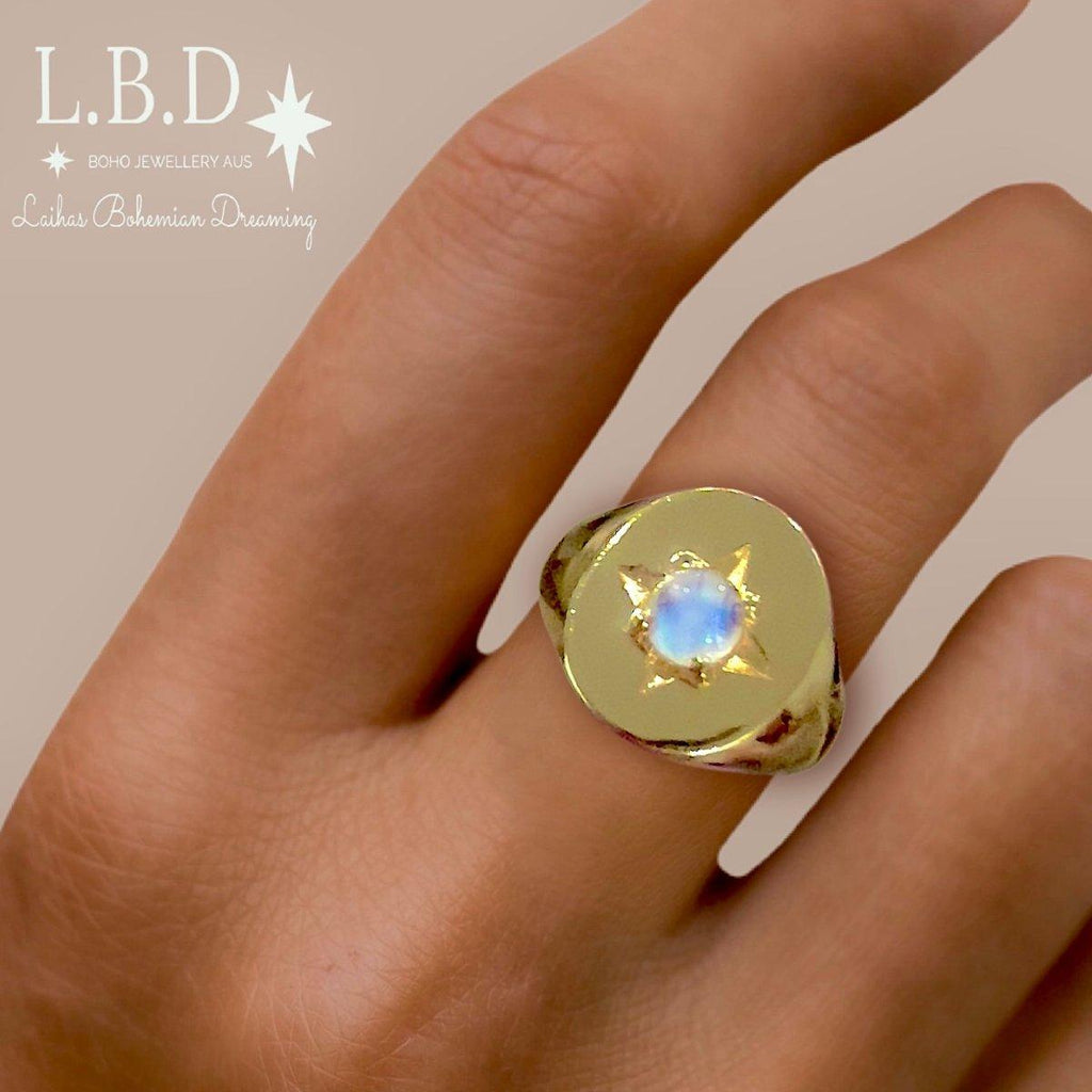 Laihas Hope & Guiding Light Gold Moonstone Ring- Signet Ring