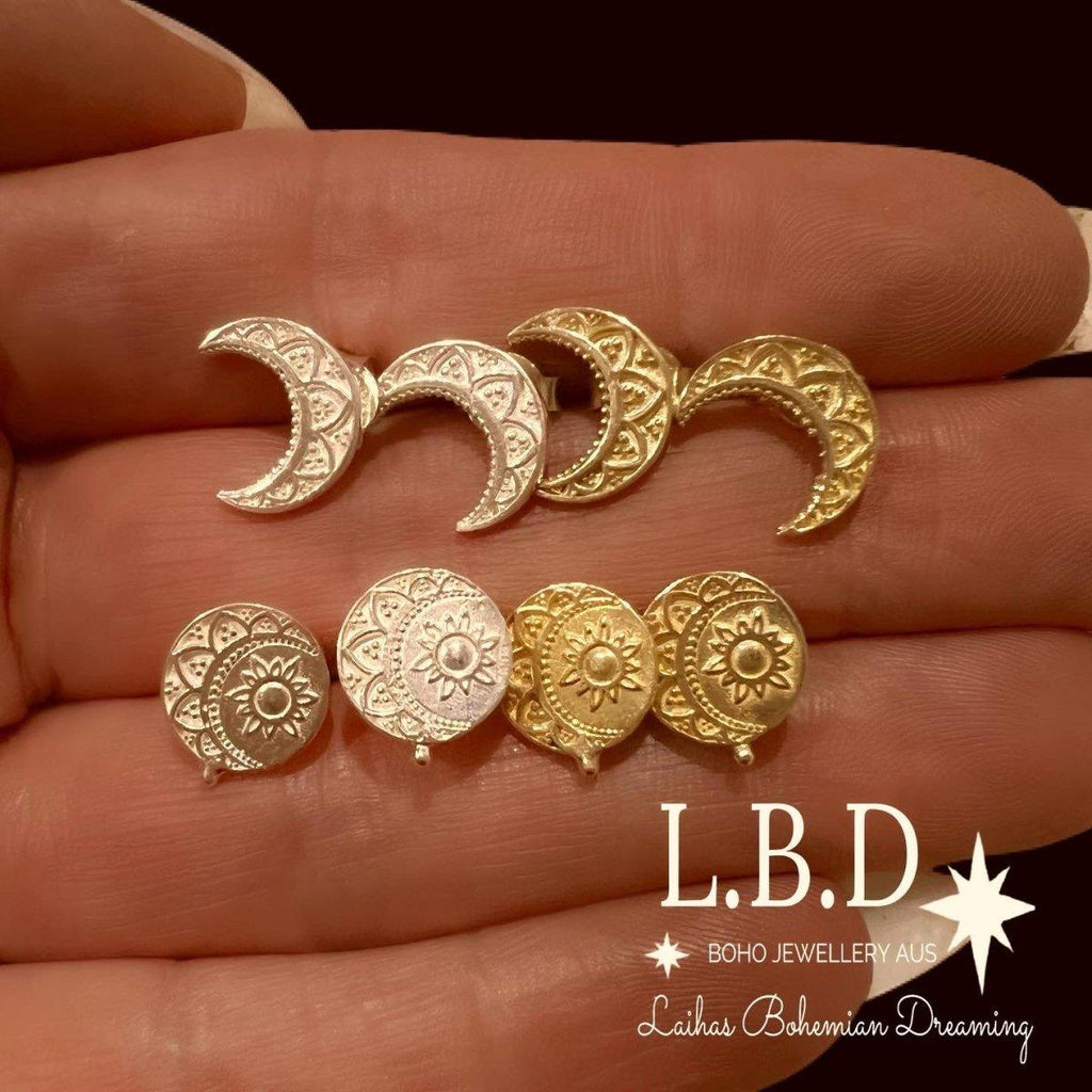 Laihas La Luna Crescent Moon Gold Boho Stud Earrings