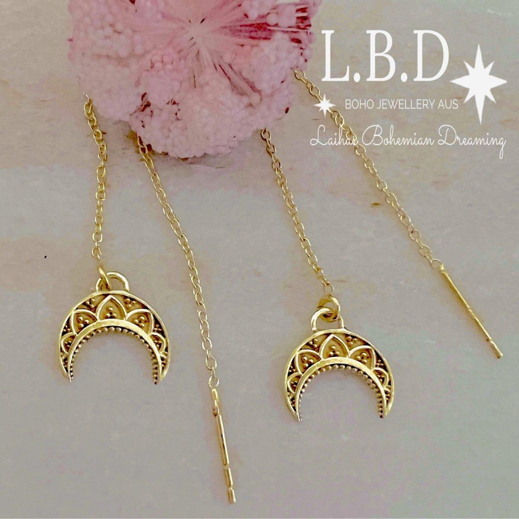 Laihas La Luna Crescent Moon Gold Boho Threader Earrings