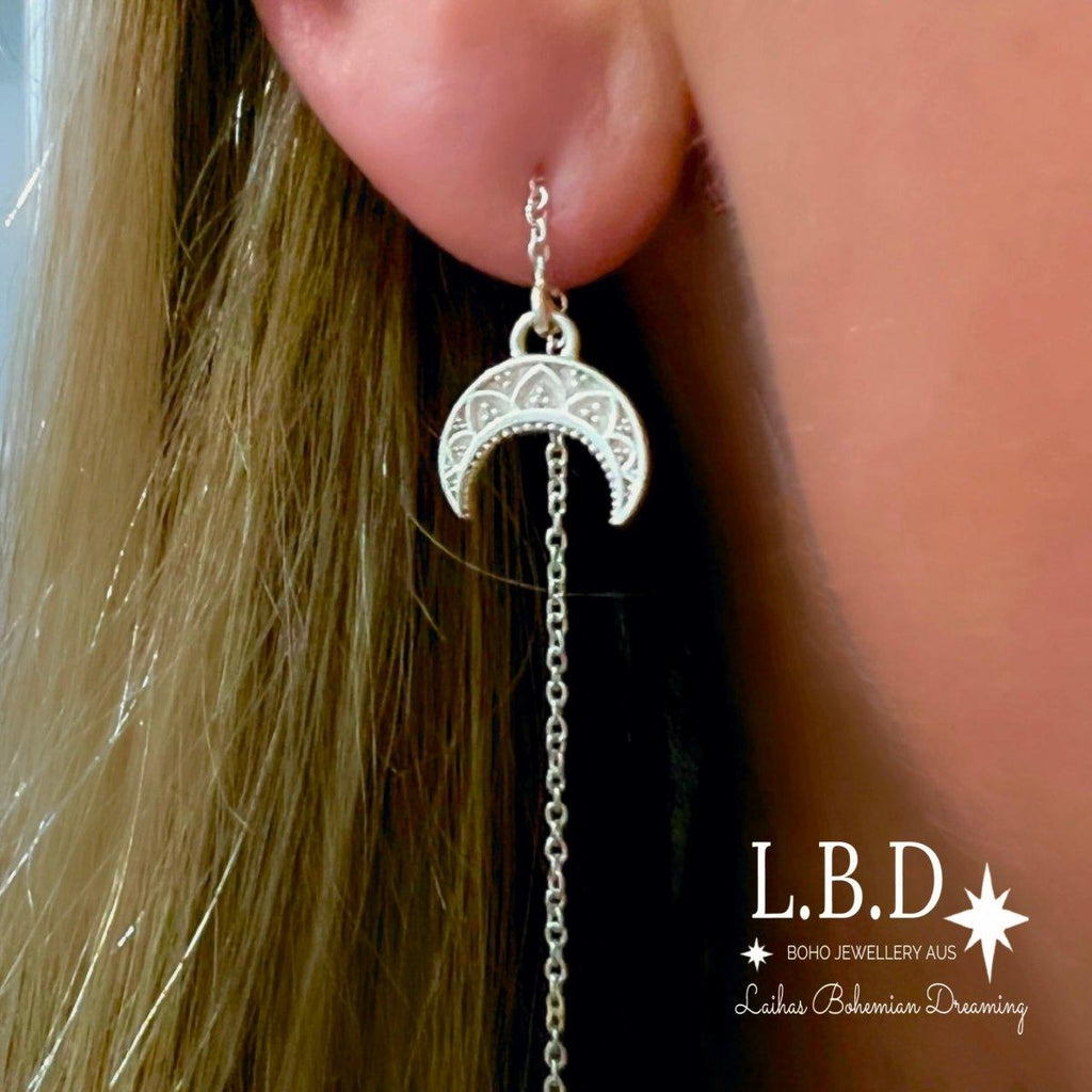 Laihas La Luna Crescent Moon Sterling Silver Threader Earrings