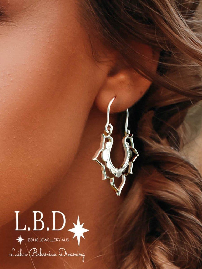 Laihas Large Bohemian Lotus Flower Sterling Silver Hoop Earrings