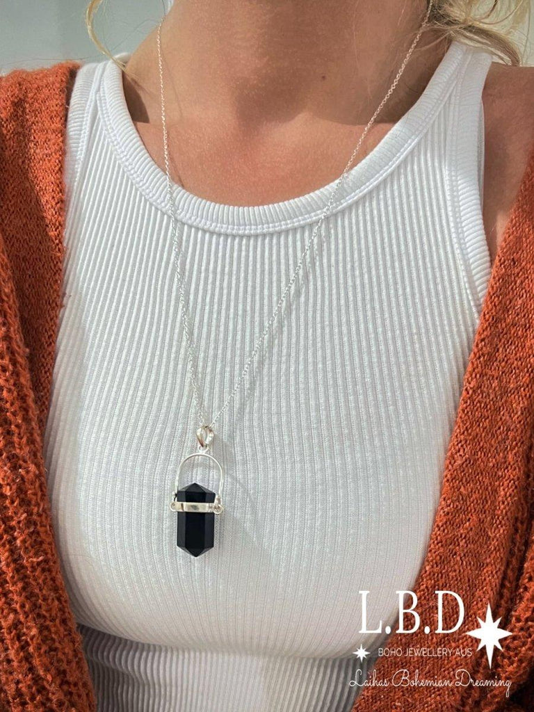 Laihas Large Crystal Kindness Black Onyx Necklace- Long Crystal Necklace