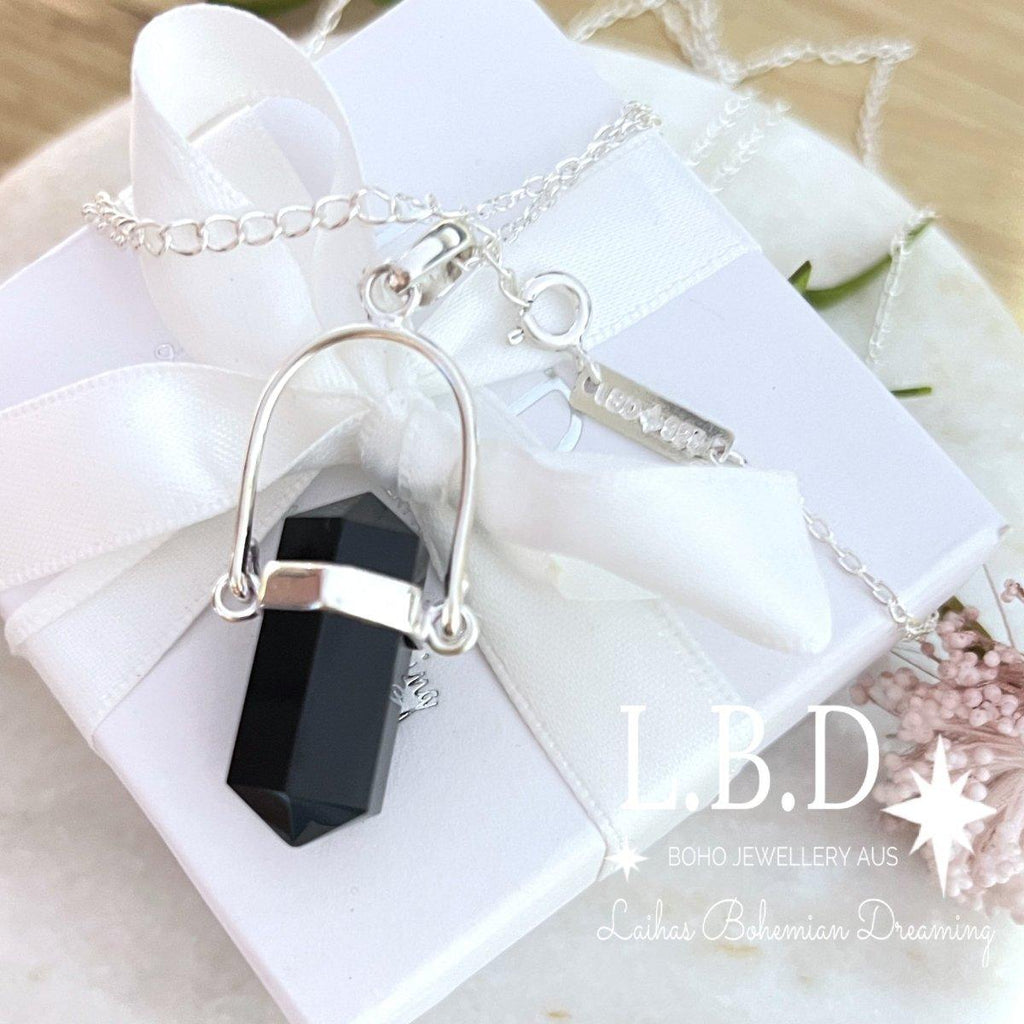 Laihas Large Crystal Kindness Black Onyx Necklace- Long Crystal Necklace