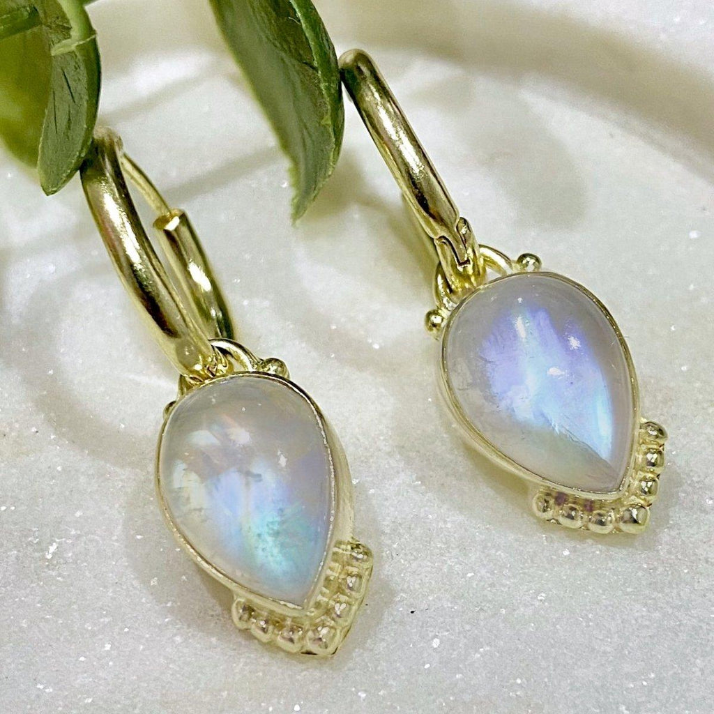 Laihas Large Raindrop Peaceful Solitude Gold Moonstone Hoop Earrings