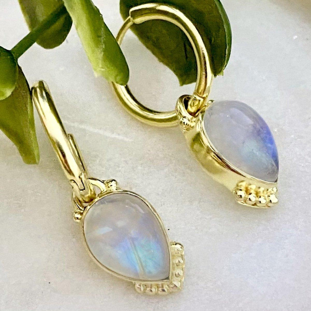 Laihas Large Raindrop Peaceful Solitude Gold Moonstone Hoop Earrings