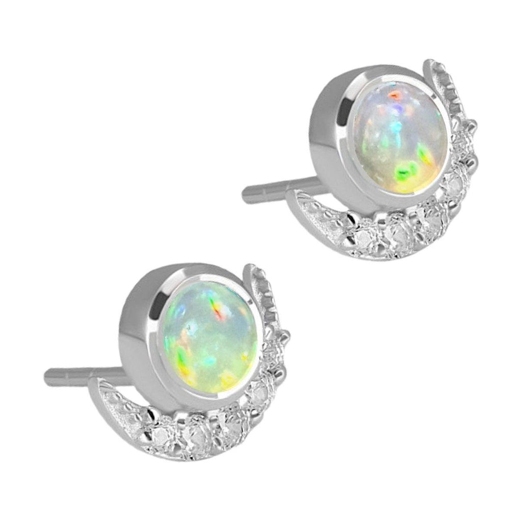 Laihas Luxury Crescent Moon Topaz and Opal Stud Earrings