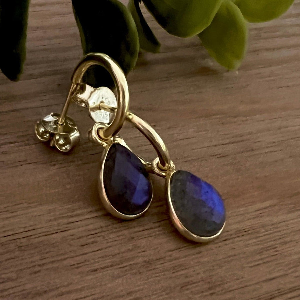 Laihas Mini ‘Bell’ Raindrop Gold Labradorite Hoop Earrings