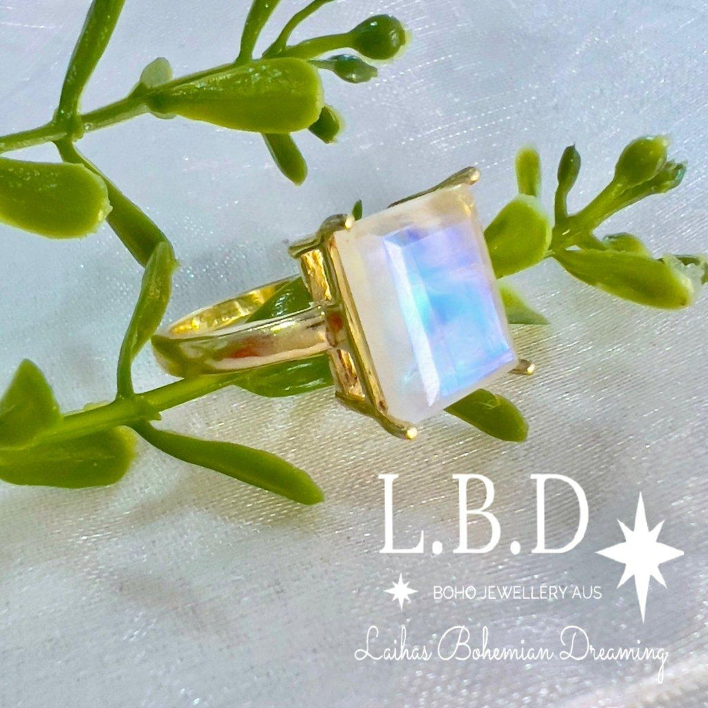 Laihas Miraculous Emerald Cut Crystal Gold Moonstone Ring