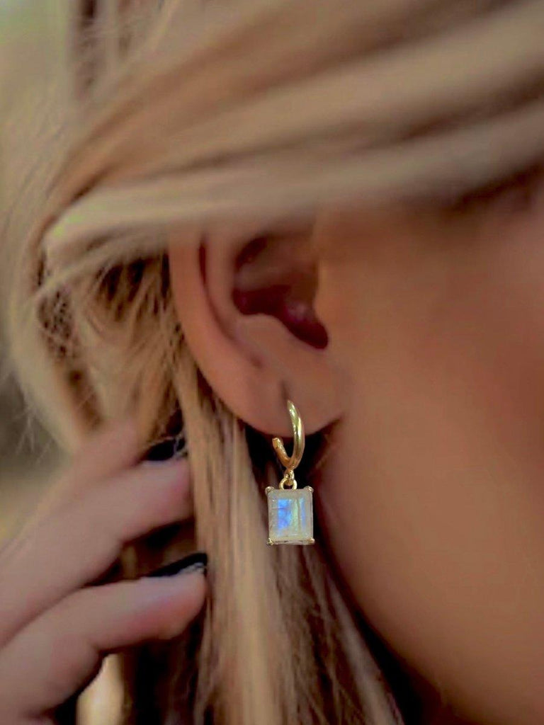 Laihas Miraculous Emerald Cut Moonstone Gold Hoop Earrings