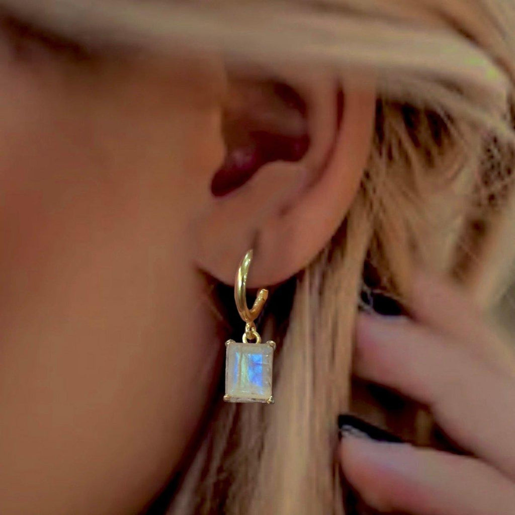 Laihas Miraculous Emerald Cut Moonstone Gold Hoop Earrings