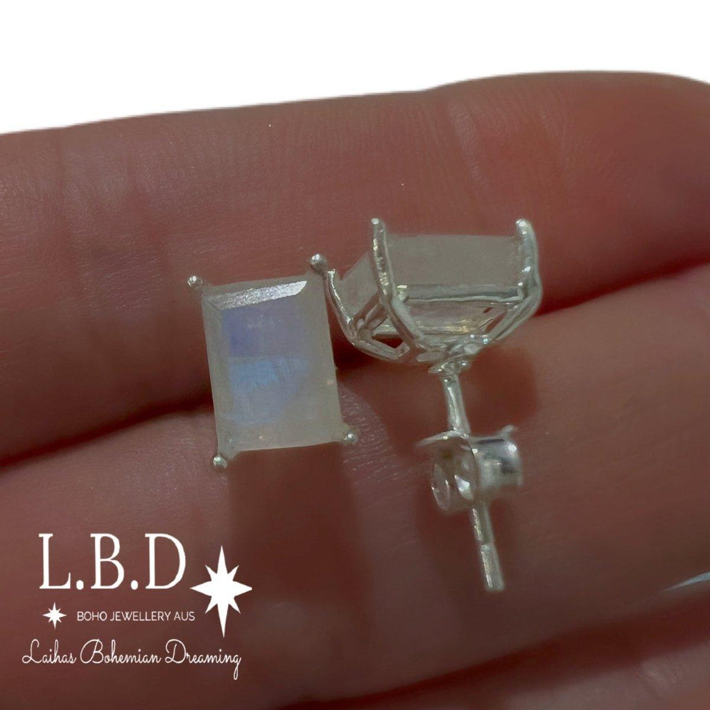 Laihas Miraculous Emerald Cut Moonstone Stud Earrings