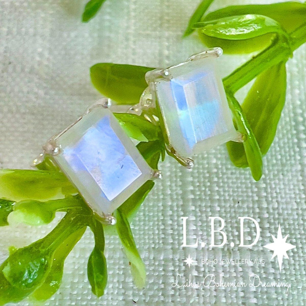 Laihas Miraculous Emerald Cut Moonstone Stud Earrings