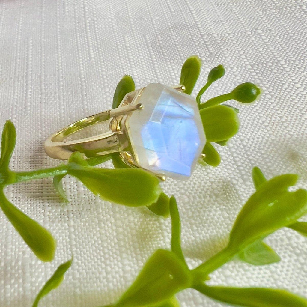 Laihas Miraculous Hexagon Crystal Gold Moonstone Ring