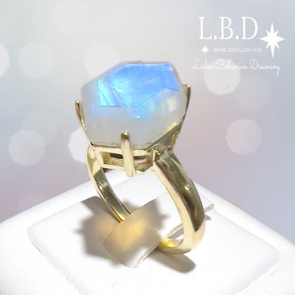 Laihas Miraculous Hexagon Crystal Gold Moonstone Ring