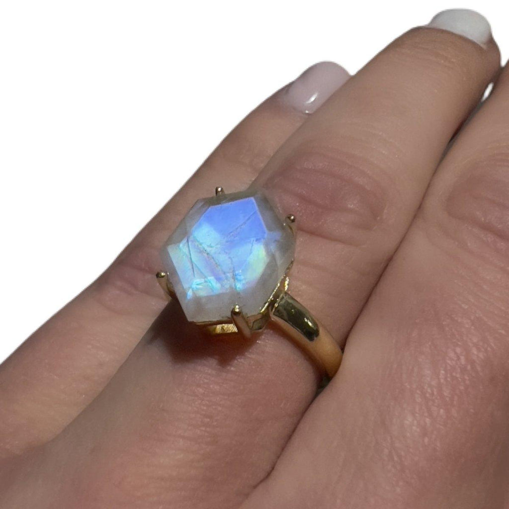 Laihas Miraculous Hexagon Crystal Gold Moonstone Ring
