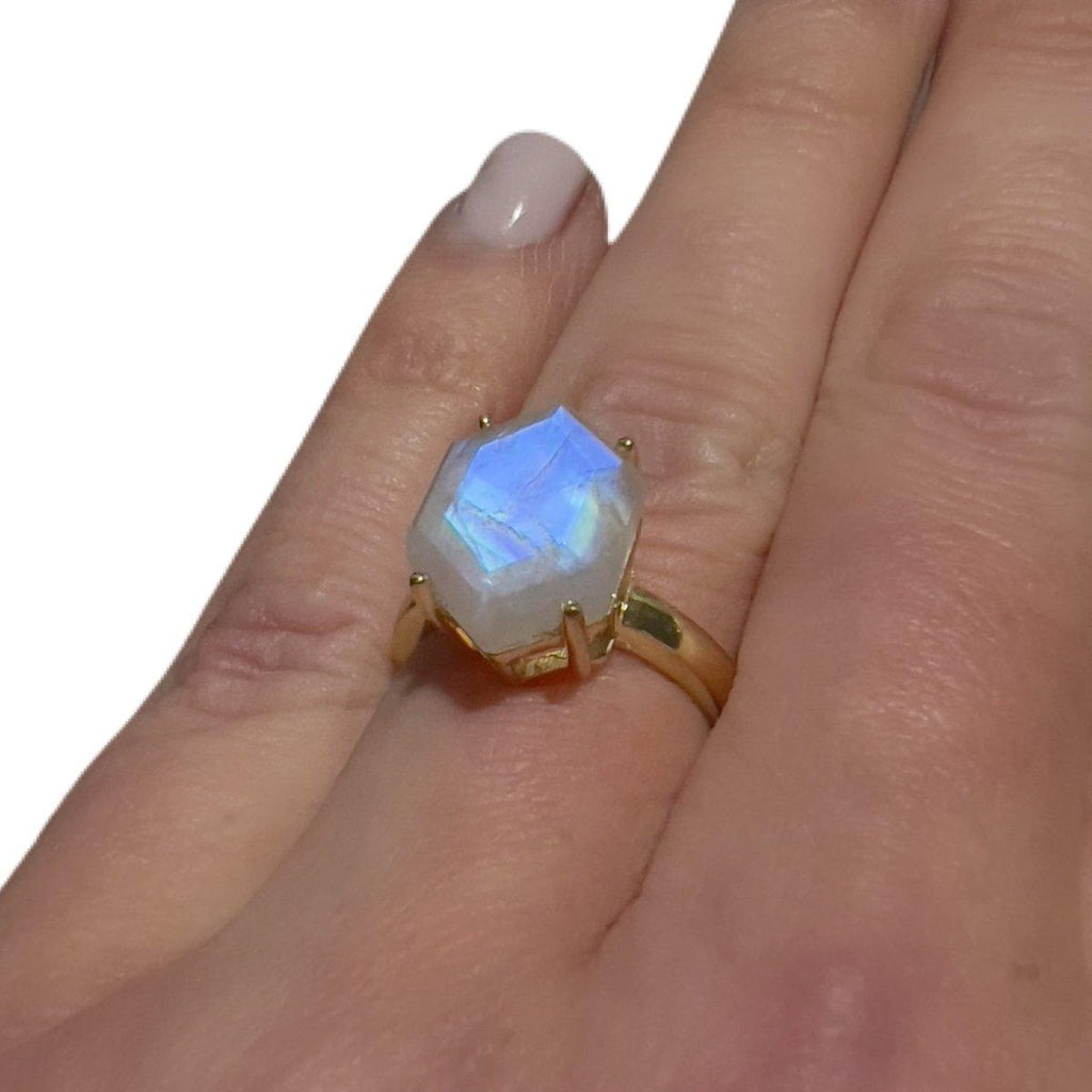 Laihas Miraculous Hexagon Crystal Gold Moonstone Ring