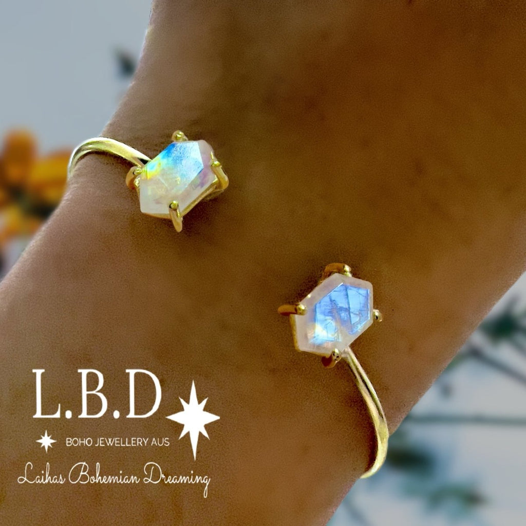 Laihas Miraculous Hexagon Gold Moonstone Cuff Bangle