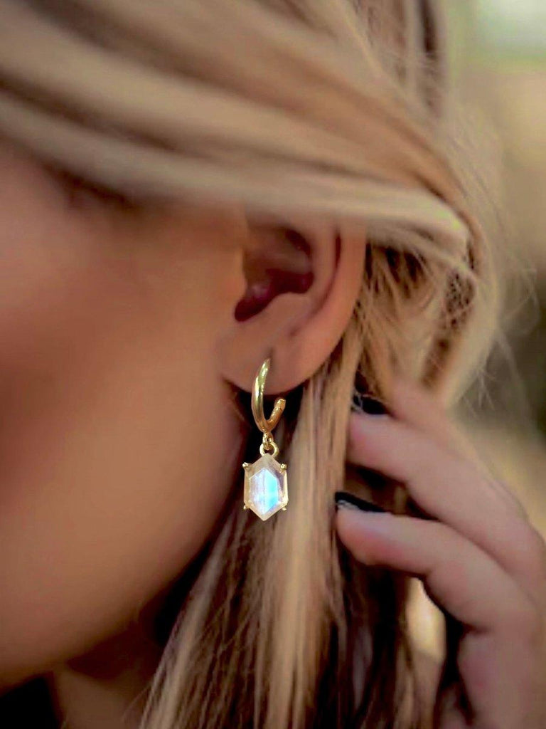Laihas Miraculous Hexagon Moonstone Gold Hoop Earrings