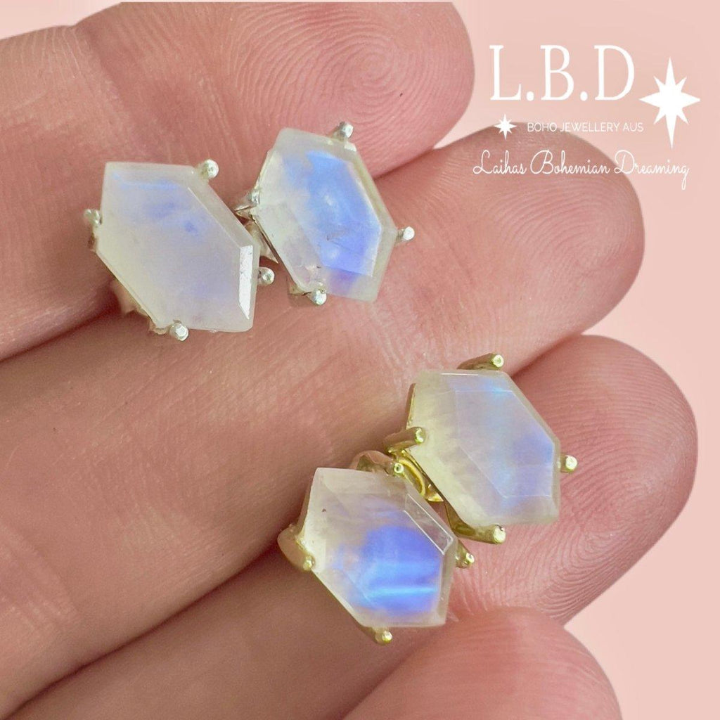 Laihas Miraculous Hexagon Moonstone Gold Stud Earrings