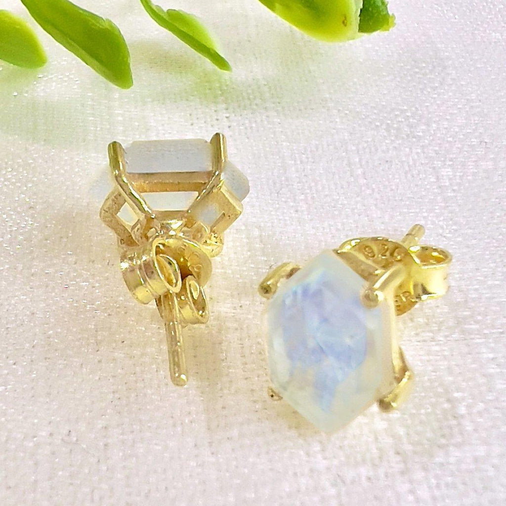 Laihas Miraculous Hexagon Moonstone Gold Stud Earrings