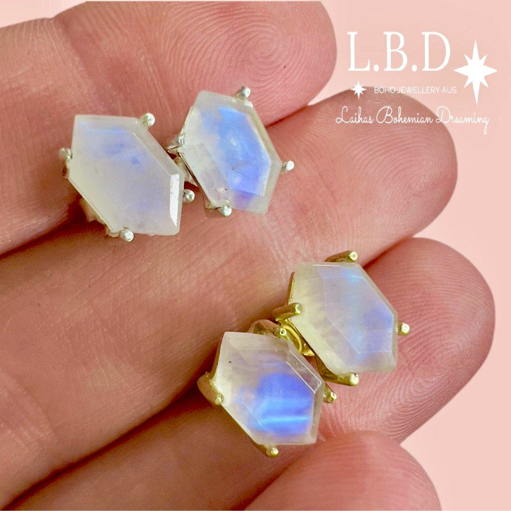 Laihas Miraculous Hexagon Moonstone Stud Earrings