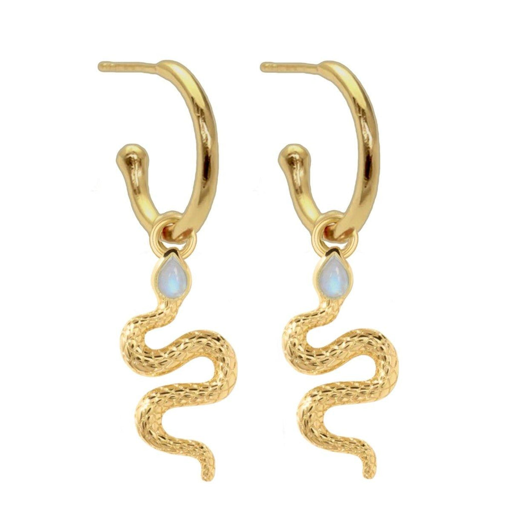 Laihas New Beginnings Gold Moonstone Snake Hoop Earrings.